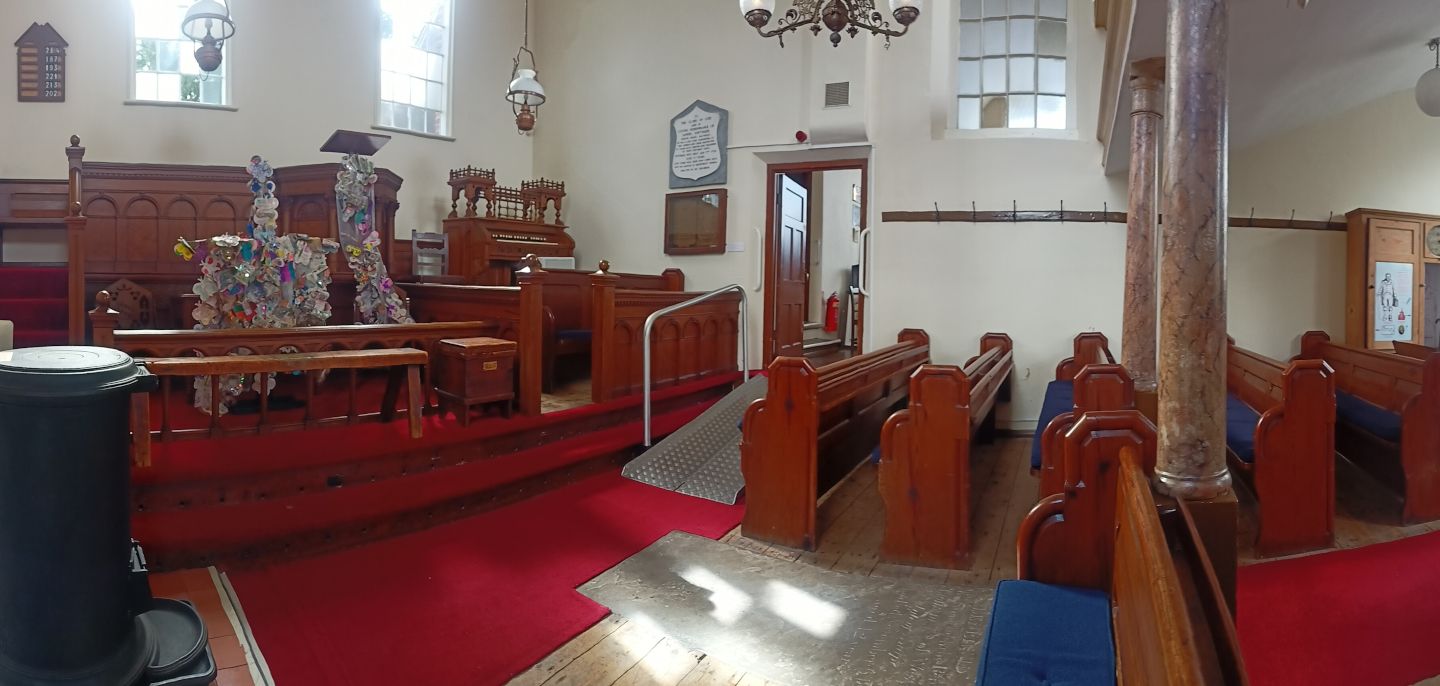 The interior of Englesea Brook Chapel on a sunny day.