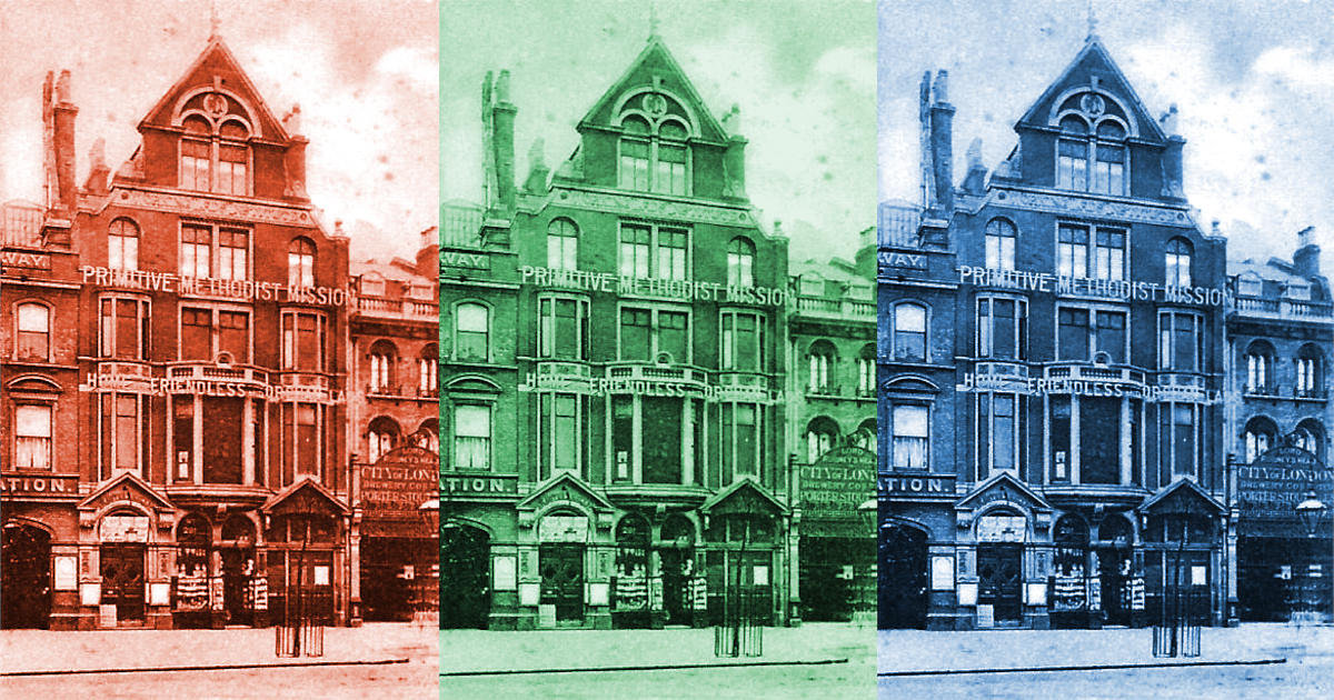 Primitive Methodist Mission in Whitechapel in red, green and blue for our social media